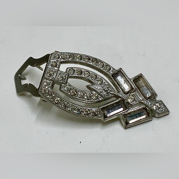 Mid Century Vintage Art Deco Silver Tone Rhinestone Clip On Brooch - Picture 10 of 12